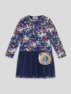 Bestes Angebot 💯 Happy 👧 Girls Sweatkleid Mit Rockpartie Aus Mesh - Marineblau 🎉